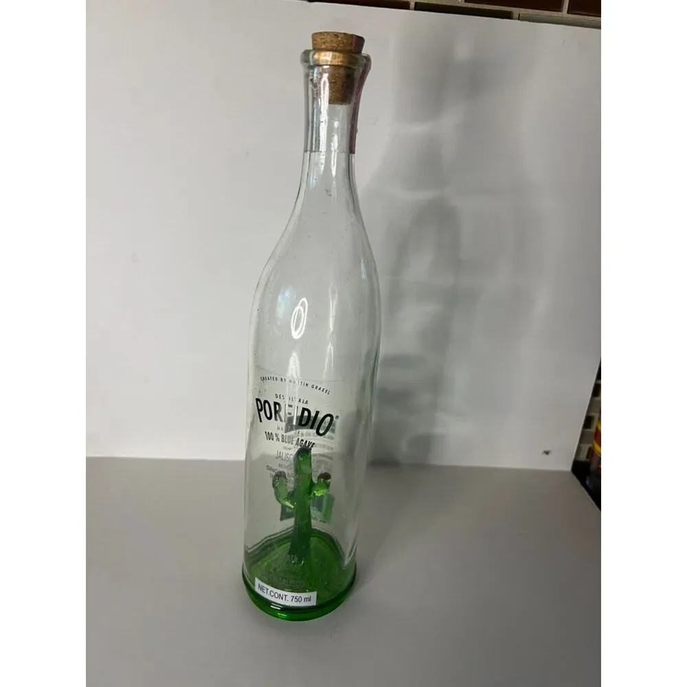Porfidio Tequila Bottle Empty Handblown Green Cactus Art Glass  Wedding Water